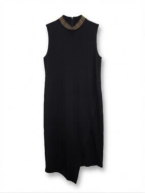 Sz M Vero Moda VMSAVON Black Midi Dress with Gold Beaded Neck
